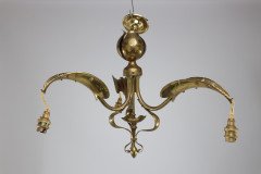 Arts & Crafts Brass Three Arm Ceiling Light with a Central Shaped Sphere & Leaf Decoration - Thumbnail 2