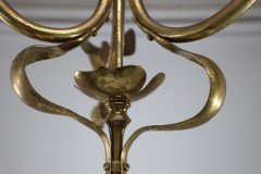 An Arts & Crafts Brass Three Arm Ceiling Light with a Central Shaped Sphere & Leaf Decoration - Thumbnail 5