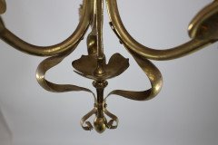 An Arts & Crafts Brass Three Arm Ceiling Light with a Central Shaped Sphere & Leaf Decoration - Thumbnail 10