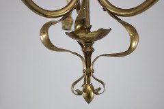 An Arts & Crafts Brass Three Arm Ceiling Light with a Central Shaped Sphere & Leaf Decoration - Thumbnail 11