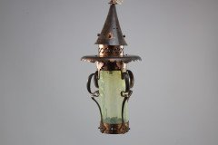 Arts & Crafts Copper & Vaseline Lantern with Floral Flowing Decoration - Thumbnail 2
