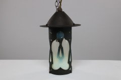 An Arts & Crafts Copper Lantern with a Flaring Hat & the Original Vaseline Shade - Thumbnail 2