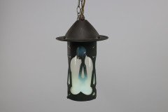 Arts & Crafts Copper Lantern with a Flaring Hat & the Original Vaseline Shade - Thumbnail 3