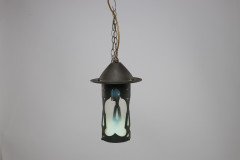 An Arts & Crafts Copper Lantern with a Flaring Hat & the Original Vaseline Shade - Thumbnail 4