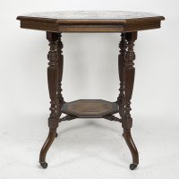 An Aesthetic Movement Ebonised Side Table with a Marquetry Octagonal Top - Thumbnail 2