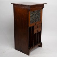 Liberty & Co Moorish walnut music cabinet with bottle neck glass up & over door - Thumbnail 1