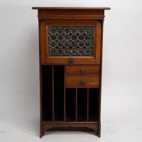 Liberty & Co Moorish walnut music cabinet with bottle neck glass up & over door - Thumbnail 4
