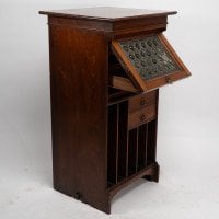 Liberty & Co Moorish walnut music cabinet with bottle neck glass up & over door - Thumbnail 5