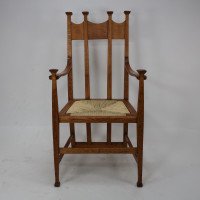George Montague Ellwood. Made by J. S. Henry. A Pair of Matching Oak Dining Chairs with Throne Like Capped Tops - Thumbnail 2