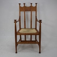 George Montague Ellwood. Made by J. S. Henry. A Pair of Matching Oak Dining Chairs with Throne Like Capped Tops - Thumbnail 2