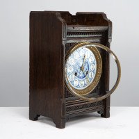 An Anglo-Japanese Carved Oak Mantel Clock with Hand Painted Blue Floral Dial - Thumbnail 2