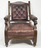 An Aesthetic Movement Walnut Library Armchair with a Curvaceous Back & Good Leather Upholstery - Thumbnail 2