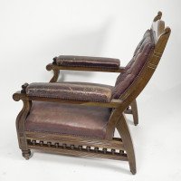 An Aesthetic Movement Walnut Library Armchair with a Curvaceous Back & Good Leather Upholstery - Thumbnail 3