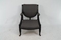 A Stylish Aesthetic Movement Ebonised & Professionally Upholstered Armchair with Sweeping Side Rails - Thumbnail 2