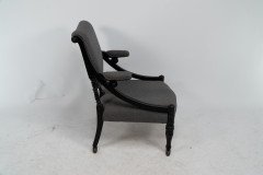 A Stylish Aesthetic Movement Ebonised & Professionally Upholstered Armchair with Sweeping Side Rails - Thumbnail 3