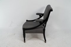 A Stylish Aesthetic Movement Ebonised & Professionally Upholstered Armchair with Sweeping Side Rails - Thumbnail 4