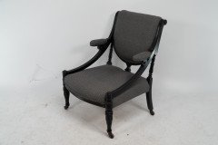 A Stylish Aesthetic Movement Ebonised & Professionally Upholstered Armchair with Sweeping Side Rails - Thumbnail 5
