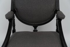 A Stylish Aesthetic Movement Ebonised & Professionally Upholstered Armchair with Sweeping Side Rails - Thumbnail 8