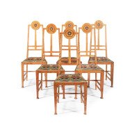 G. M. Ellwood for J. S. Henry. Rare Set of Eight Arts & Crafts Oak Dining Chairs