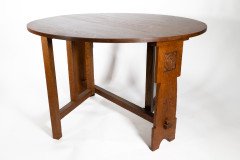 Liberty & Co., An Arts & Crafts 1/4 Salon Oak Drop Leaf Table with Stylised Floral Carved Decoration - Thumbnail 2