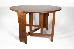 Liberty & Co., Arts & Crafts 1/4 Salon Oak Drop Leaf Table with Stylised Floral Carved Decoration - Thumbnail 5