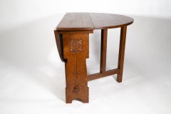 Liberty & Co., Arts & Crafts 1/4 Salon Oak Drop Leaf Table with Stylised Floral Carved Decoration - Thumbnail 7