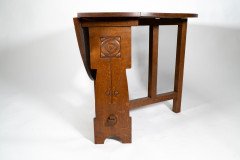 Liberty & Co., Arts & Crafts 1/4 Salon Oak Drop Leaf Table with Stylised Floral Carved Decoration - Thumbnail 9