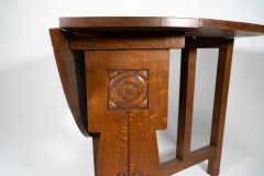 Liberty & Co., Arts & Crafts 1/4 Salon Oak Drop Leaf Table with Stylised Floral Carved Decoration - Thumbnail 10