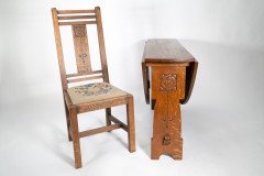 Liberty & Co., An Arts & Crafts 1/4 Salon Oak Drop Leaf Table with Stylised Floral Carved Decoration - Thumbnail 13