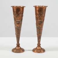 A pair of Arts and Crafts copper vases decorated with wise old owls in pine trees - Thumbnail 1