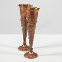 A pair of Arts and Crafts copper vases decorated with wise old owls in pine trees - Thumbnail 5