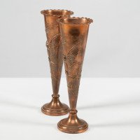 A pair of Arts and Crafts copper vases decorated with wise old owls in pine trees - Thumbnail 6
