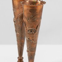 A pair of Arts and Crafts copper vases decorated with wise old owls in pine trees - Thumbnail 9