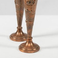 A pair of Arts and Crafts copper vases decorated with wise old owls in pine trees - Thumbnail 11
