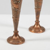 A pair of Arts & Crafts copper vases decorated with wise old owls in pine trees - Thumbnail 12