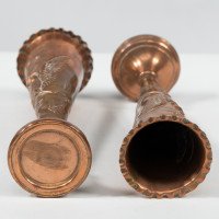 A pair of Arts and Crafts copper vases decorated with wise old owls in pine trees - Thumbnail 13