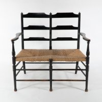 Morris & Co. Rare Arts & Crafts Ebonised ash rush seat ladder back two-seater settee - Thumbnail 2
