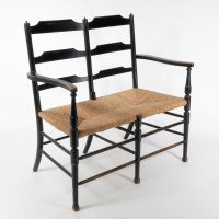 Morris & Co. A rare Arts and Crafts ebonized ash rush seat ladder back two-seater settee - Thumbnail 1