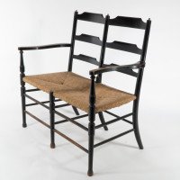 Morris & Co. A rare Arts and Crafts ebonized ash rush seat ladder back two-seater settee - Thumbnail 3