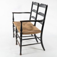 Morris & Co. Rare Arts & Crafts Ebonised ash rush seat ladder back two-seater settee - Thumbnail 4