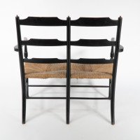 Morris & Co. Rare Arts & Crafts Ebonised ash rush seat ladder back two-seater settee - Thumbnail 15