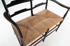Morris & Co. Rare Arts & Crafts Ebonised ash rush seat ladder back two-seater settee - Thumbnail 7