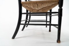 Morris & Co. Rare Arts & Crafts Ebonised ash rush seat ladder back two-seater settee - Thumbnail 13