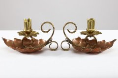 Arts & Crafts c.1900 Pair of Copper and Brass Lily Pad Candle Night Lights - Thumbnail 2