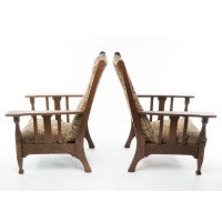 Harris Lebus. A Pair of Arts & Crafts Oak Reclining Armchairs with Large Flat Extended Arms - Thumbnail 4