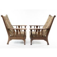 Harris Lebus. A Pair of Arts & Crafts Oak Reclining Armchairs with Large Flat Extended Arms - Thumbnail 5