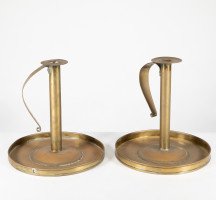 A Pair of Scottish School Arts & Crafts Brass Candlesticks W Circular Drip Trays - Thumbnail 2