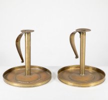 A Pair of Scottish School Arts & Crafts Brass Candlesticks W Circular Drip Trays - Thumbnail 3