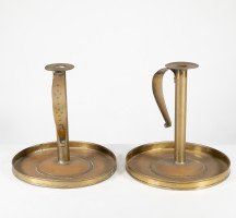 A Pair of Scottish School Arts & Crafts Brass Candlesticks W Circular Drip Trays - Thumbnail 5