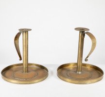 A Pair of Scottish School Arts & Crafts Brass Candlesticks W Circular Drip Trays - Thumbnail 6